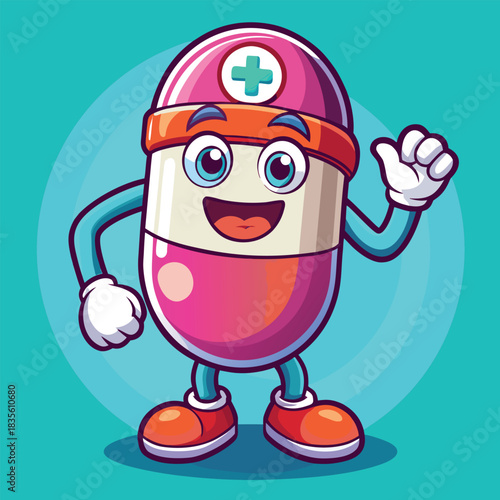 Friendly cartoon capsule character with medical symbol waving hello