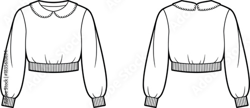 Blouse Cropped Longsleeve Fashion Apparel Garment Clothing Illustration Sketch Design Technical Flat Drawing Template Vector Outline Collar Scalloped Cuffs Hem Waistband