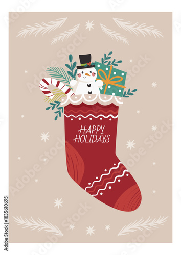 Vector Christmas card with a stocking containing gifts, candies, twigs, leaves and a cute snowman.