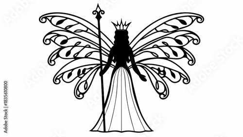 Silhouette of a fairy queen with ornate wings holding a scepter wearing a crown in black and white art mjunaid