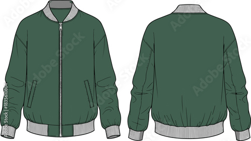 Bomber jacket cad drawing, front and back flat sketch, ribbed cuff design, vector fashion template, green color fashion illustration
