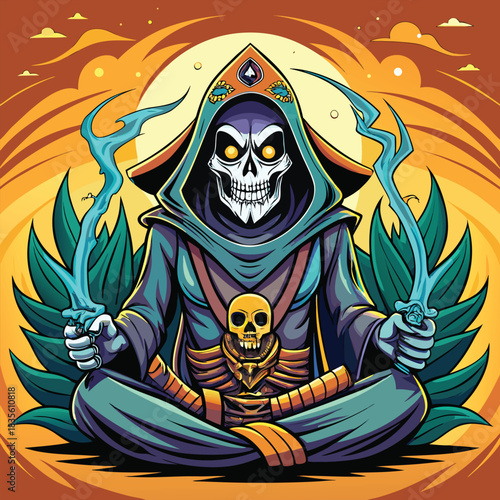 Mystical skeleton grim reaper meditating with glowing energy and daggers in a cosmic setting