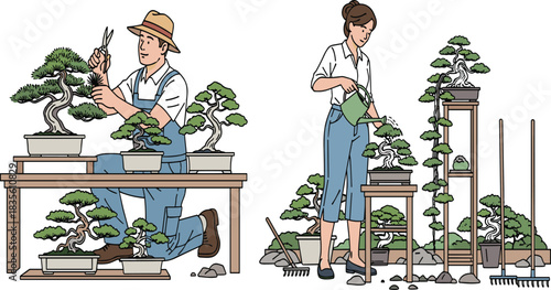 Bonsai tree care, gardening couple working, pruning bonsai plants, watering bonsai garden, horticulture hobby, plant lovers, miniature tree maintenance, tools