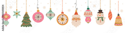 Vector horizontal Christmas border with New Year's balls. Perfect for holiday decorating websites, cards, and banners