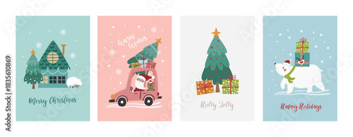 Vector set of Christmas cards with a Christmas tree, Santa in a car, a bear and a house.