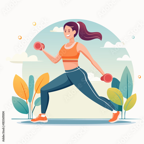 Fit woman exercising with dumbbells in outdoor setting