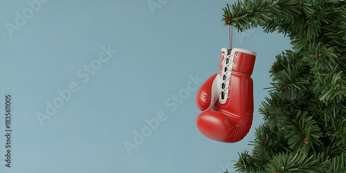 Red boxing glove as Christmas ornament, hanging from a spruce branch against a light blue background.