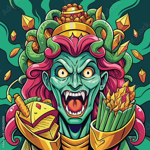Fierce medusa with snakes for hair and golden armor holding a bouquet of asparagus