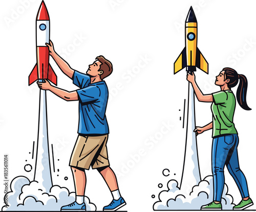 Boy and girl launching rockets, outdoor science experiment, model rocket activity, educational hobby, DIY aerospace fun, space exploration project, technology learning