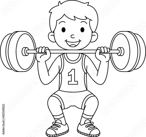 Boy lifting weights, child strength training, happy kid exercising, weightlifting sport, fitness activity, healthy lifestyle, athletic boy training gym