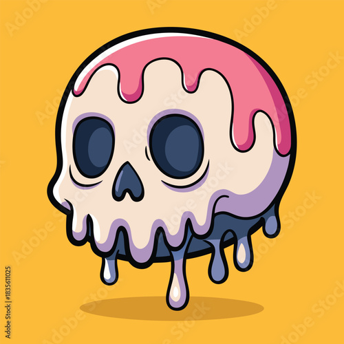 Whimsical melting skull with pink frosting drips on a vibrant yellow background
