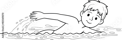 Boy swimming in water, child enjoying swimming, happy kid in pool, summer activity, water sport, healthy exercise, fun outdoor play