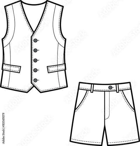 Boy’s formal waistcoat and shorts set flat sketch, fashion cad vector, front view tailored outfit for kidswear design illustration