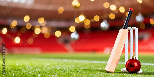 Cricket bat and wicket with a red Christmas ball on a green field, with blurred lights and red stadium seating in the background.