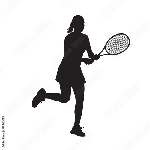 Tennis Player Silhouette Female Athlete in Action Striking Ball with Racket Sport Competition and Training on White Background
