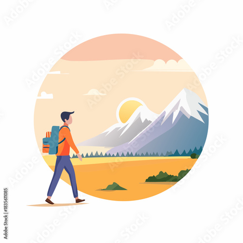 Traveler hiking towards snowy mountains at sunrise