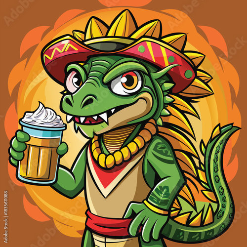 Cartoon green dragon wearing a festive sombrero and holding a creamy drink