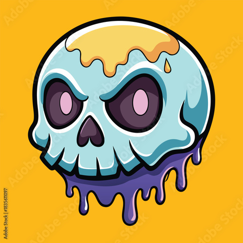 Whimsical melting skull with pink frosting drips on a vibrant yellow background