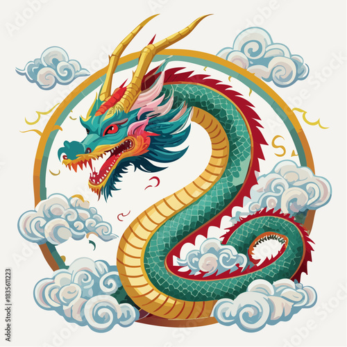 Colorful oriental dragon illustration in clouds