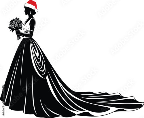 Bride silhouette, wedding gown, Santa hat, festive bouquet, Christmas wedding, elegant dress, holiday theme, black and white art, romantic design