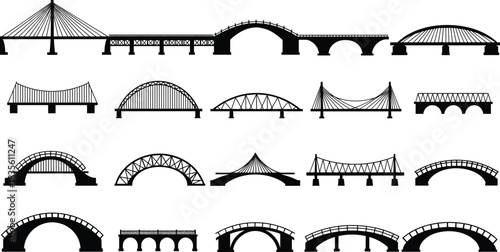 Bridge silhouette icon vector collection, architectural structure set, cable, arch, suspension, beam and girder bridge designs, infrastructure engineering elements for city planning illustrations