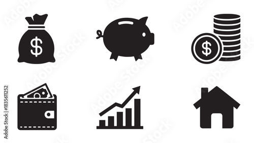 Illustrations of Finance Related Icons Depicting Money Savings Investment Growth and Ownership in a Variety of Ways