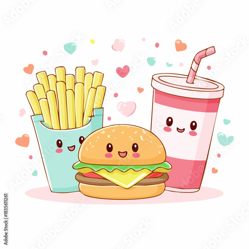 Kawaii burger fries and drink with cute smiling faces