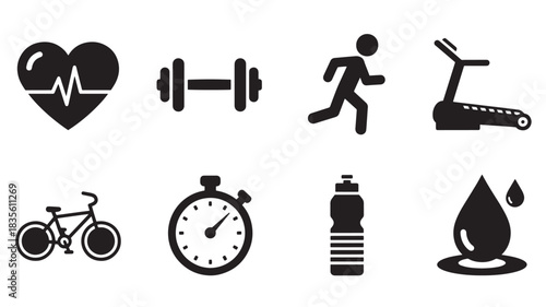 Fitness Icons Set Represents Healthy Heart and Weightlifting with Exercises Like Running Cycling and Drinking Water and Time Management