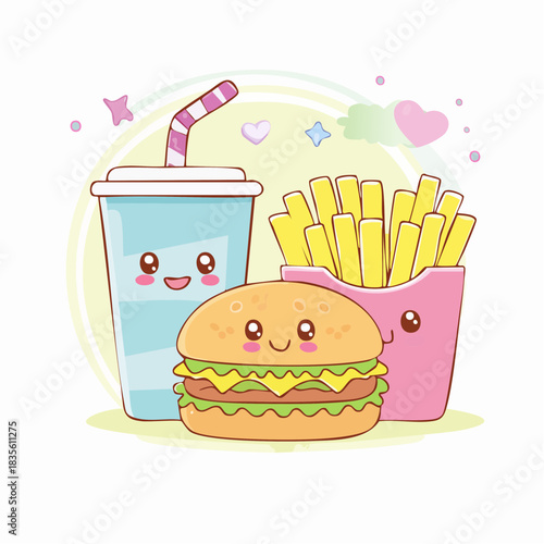 Cute kawaii burger fries and drink combo illustration