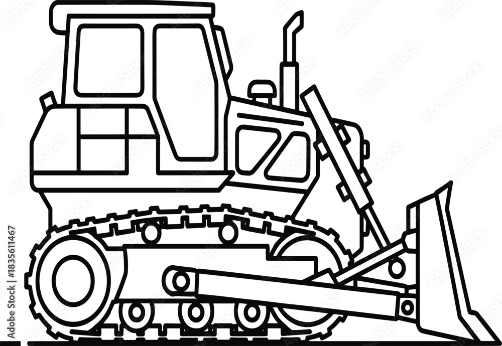 Naklejka premium Bulldozer line drawing vector illustration for construction, excavation, heavy machinery, earthmoving equipment, industrial work, engineering, and site development themes