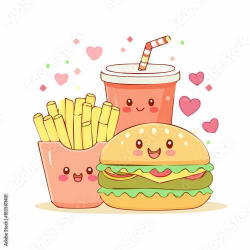 Cute cartoon burger, fries, and drink with smiling faces