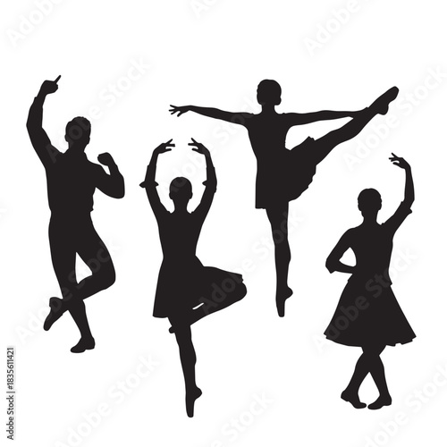 Set of Ballet Dancing Silhouettes Performing Dance Poses and Movements Graceful Figures Elegant Style on White Background