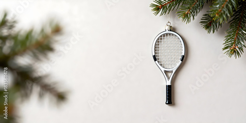 Silver Christmas ornament tennis racket, suspended from a spruce branch against a neutral light background.