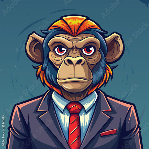 Stylized portrait of a serious chimpanzee dressed in a sharp business suit and red tie