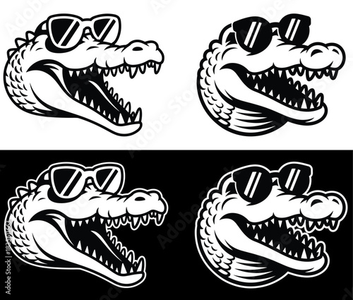 Black and white alligator head wearing sunglasses open mouth sharp teeth crocodile reptile