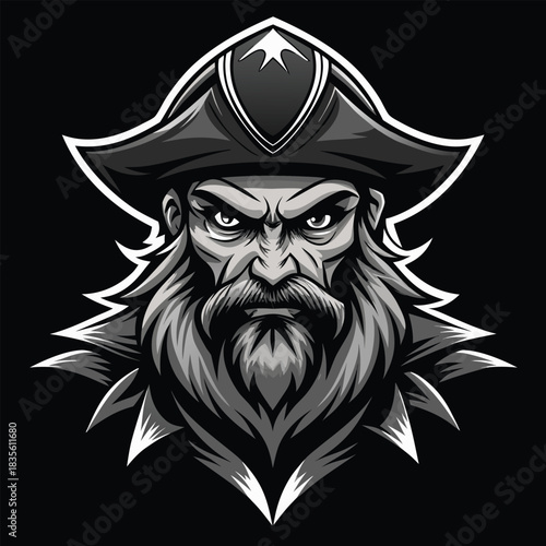 Fierce pirate captain with a long beard and tricorne hat in grayscale