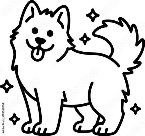 Black and white cartoon dog with stars and tongue out illustration outline