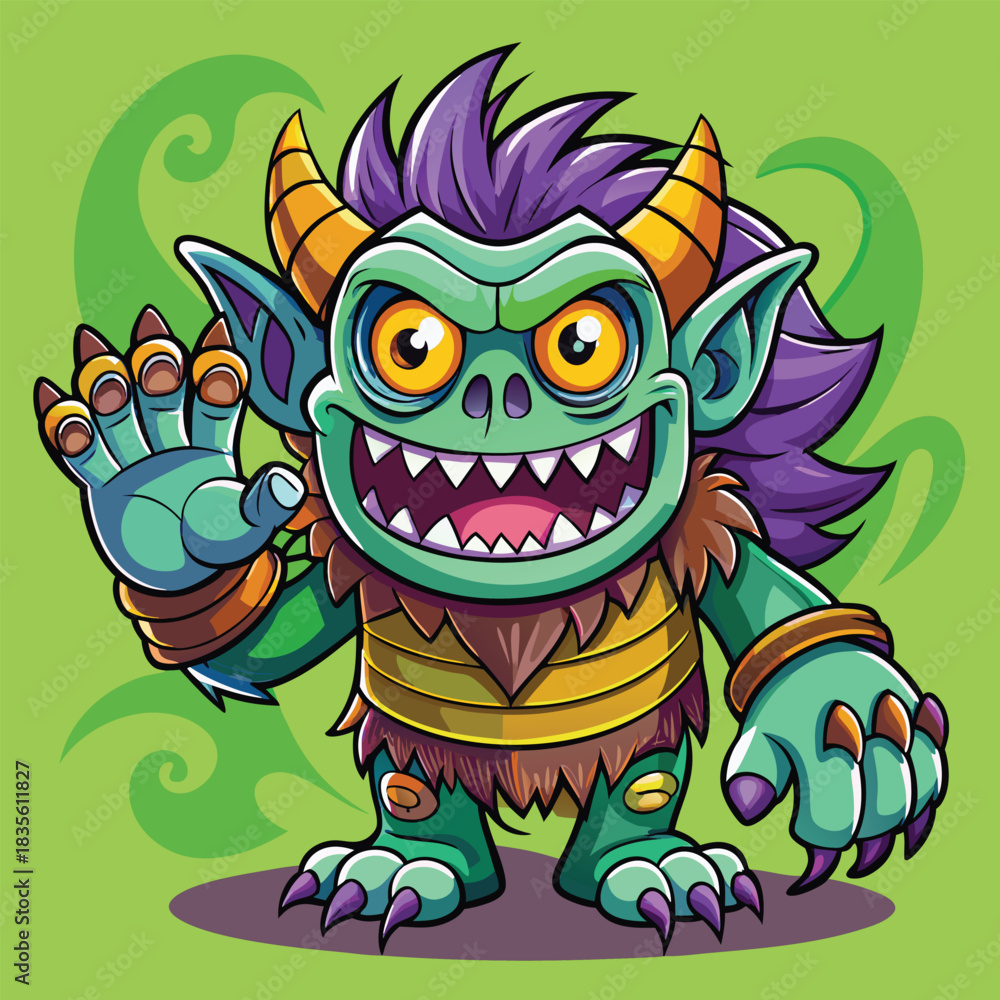Fototapeta premium Friendly cartoon green monster with purple hair and sharp teeth waving hello
