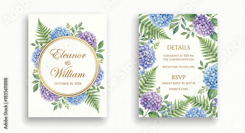 Minimalist two-sided wedding invitation template featuring pink freesia, baby's breath, and a white satin ribbon on a clean white background. Modern, simple, and elegant design.