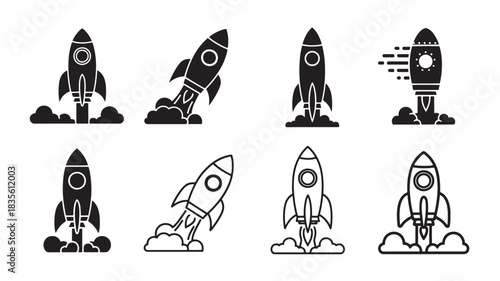 Diverse Rocket Launch Illustrations A Collection of Spaceship Icons Depicting Takeoff and Cosmic Adventure in Black and White