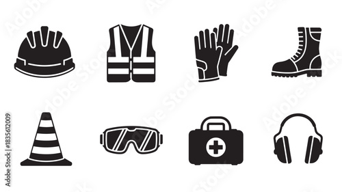 Safety First Workplace Icons Set Presenting Hard Hat, Safety Vest, Gloves, and other Safety Workplace Equipment