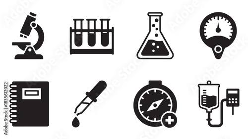Collection of Medical and Scientific Symbols Representing Research Healthcare and Emergency Services and Equipment in Black and White