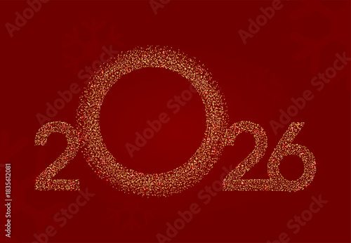 Gold 2026 logo isolated on luxury red background, golden New Year glitter number. Stippling dots. Vector