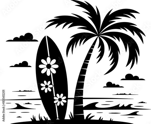 Black and white silhouette of a surfboard and palm tree on a beach with waves and clouds vector