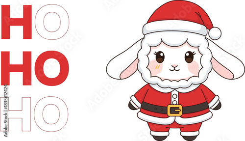 Christmas lamb in Santa outfit, cute holiday character, HO HO HO text design, festive cartoon icon, flat vector illustration