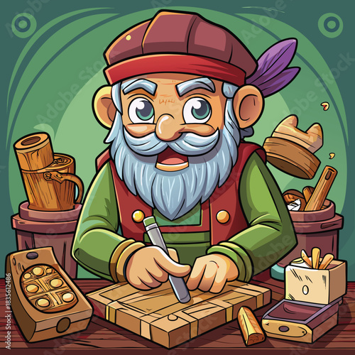 Whimsical dwarf craftsman engrossed in intricate wood carving with tools and materials
