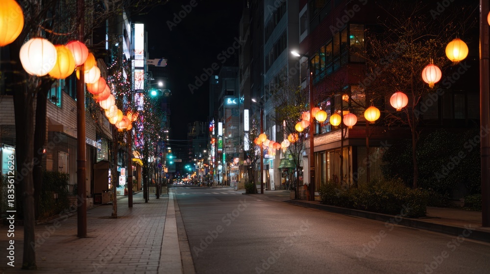 Fototapeta premium Illuminated street adorned with colorful lanterns, creating fest