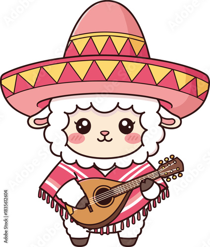 Sombrero sheep playing mandolin, festive cartoon character, Mexican costume icon, musical animal pose, cheerful design, flat vector illustration