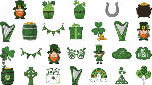 St. Patrick’s Day icons set, leprechauns, shamrocks, gold coins, festive Irish symbols, cartoon holiday elements, flat vector illustration
