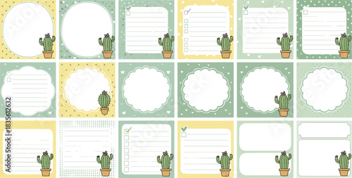 Cactus note card template set, pastel backgrounds, cute cartoon design, journaling planner stationery icons, flat vector illustration